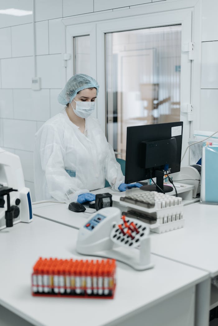 Działania Woman in protective gear analyzing data in a laboratory setting.